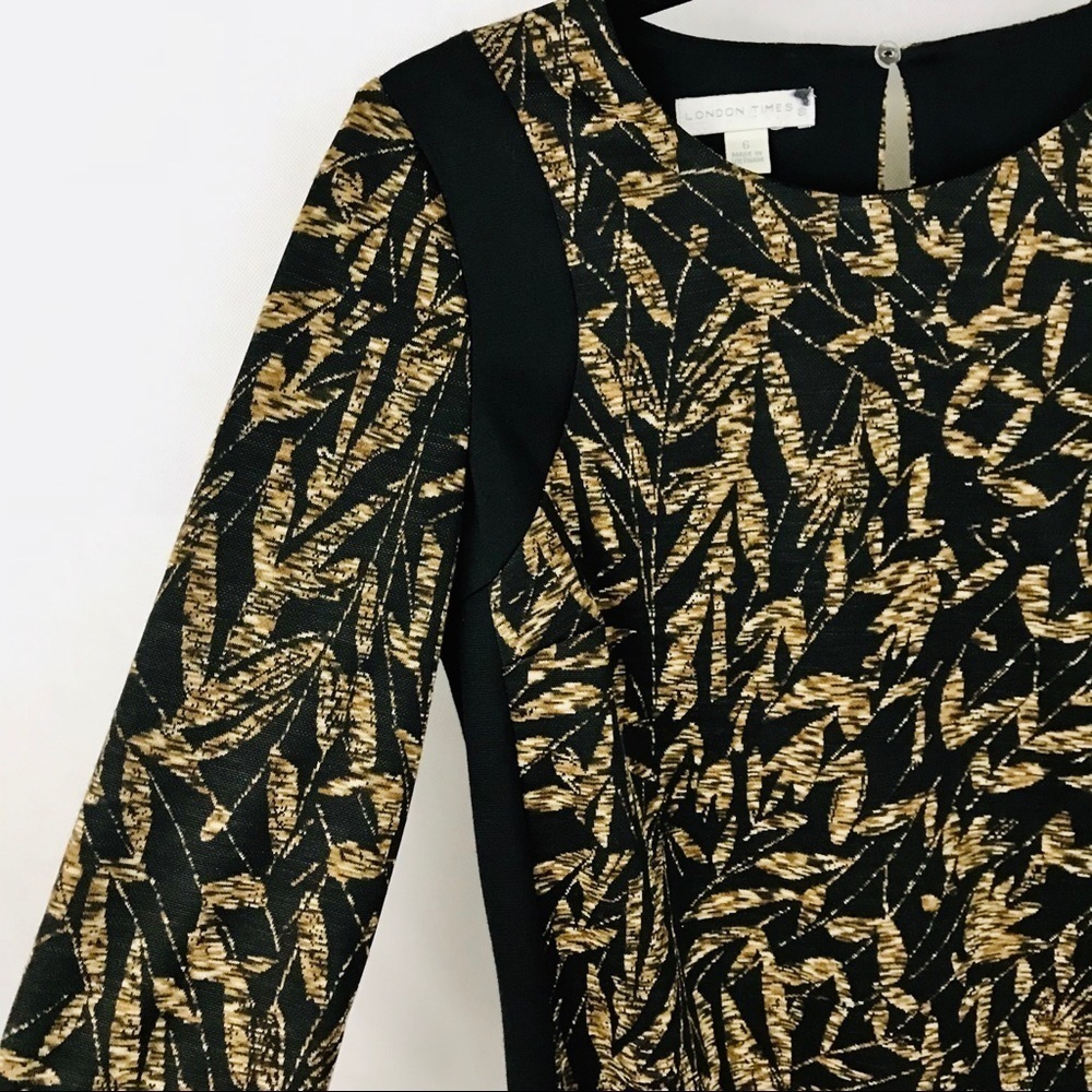 London Times Black/Tan Stretch Matte Knit Dress w/Side Zip Slit sz 6 - Picture 3 of 6